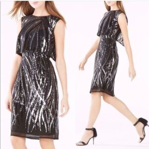 SZ10 BCBGMaxAzria Fallyn Flame Sequin Midi Dress Black Silver Cocktail